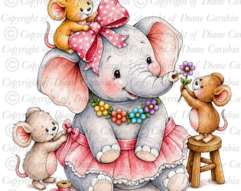 Pamper Ellie, black and white digital stamp, colouring page, cardmaking image, JPEG, printable