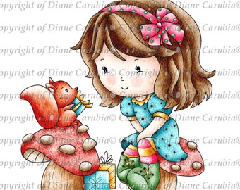 Abby and Nutty Digital Stamp, Cute Girl with Squirrel (Download)