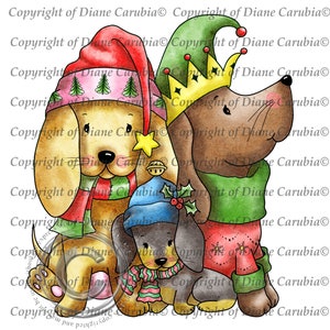 Drei Chilly Wursthunde, bunt, digitaler Stempel, druckbar, Dackel, Kartengestaltung
