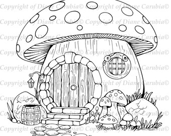 Mushroom Hobbit House, black and white digital stamp, colouring page, colouring image for cardmaking