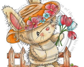 Cute Bunny Bonnet Digital Stamp, Black and White Clipart (Jpeg)
