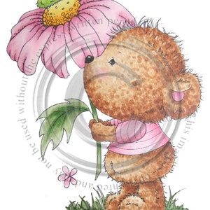 A felicidade é uma Beary Daisy, carimbo digital, download, preto e branco, para impressão