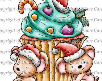 Christmas Cupcake Mice, coloured, printable, digital stamp, sublimation, printable