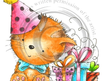 Kittys Birthday, Black and white, Digital Stamp, cardmaking image, colouring page, cute cat, printable image, Download