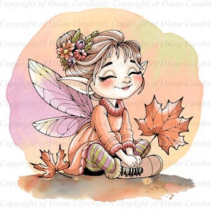 May include: A whimsical illustration of a fairy with closed eyes, wearing a peach-colored dress and striped leggings. She has pink wings and is holding an orange maple leaf. The background is a watercolor wash of peach, yellow, and green.