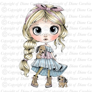May include: A digital illustration of a young girl with blonde hair, wearing a blue dress and brown boots, holding a puppy. A second puppy stands at her feet. The girl has large blue eyes and a pink bow in her hair.