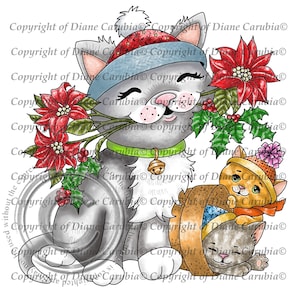 Festive Kittys Black and white, digital stamp, christmas colouring, kitten, cat, download, printable image, colouring page