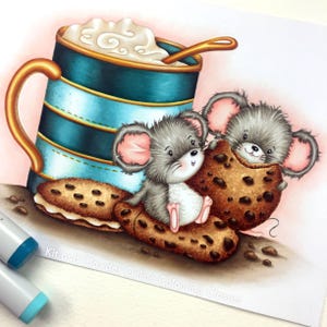 Hot Chocolate and Cookies, Kit and Clowder, colouring pages, digital stamp, black and white
