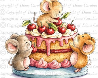 Cherry cake mice, black and white digital stamp, colouring page, printable JPEG, instant download