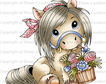 Petal Pony, black and white, digital stamp, download, printable, cardmaking stamp, colouring stamp