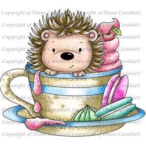 Hedgy dans une tasse de thé, couleur, timbre numérique, hérisson, sublimation, imprimable
