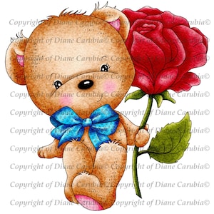 Teddy Rose, black and white, bear, digital stamp, cardmaking, colouring, printable