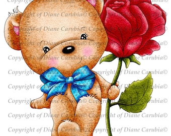 Teddy Rose, black and white, bear, digital stamp, cardmaking, colouring, printable
