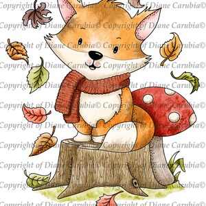 Autumn Fox, B&W, digital stamp, printable, cardmaking, download, fox, cute