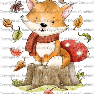 Renard d'automne, noir et blanc, tampon numérique, imprimable, fabrication de cartes, téléchargement, renard, mignon