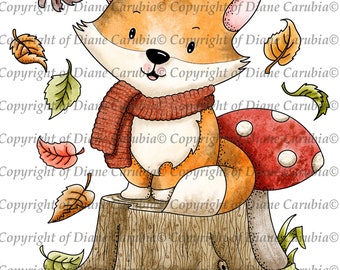 Autumn Fox, B&W, digitale stempel, afdrukbaar, kaarten maken, downloaden, vos, schattig