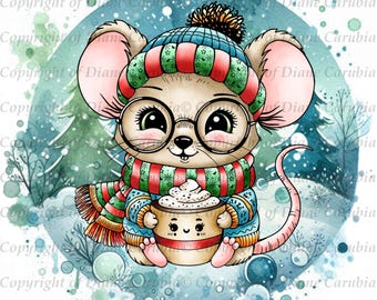 Mugsy winter mouse, 2 digital precoloured stamps, christmas mouse image, sublimation image