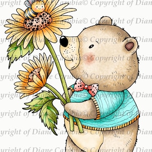 Daisy Bee Bear, Black and white, digital stamp, sublimation, download, printable, cute, Bear
