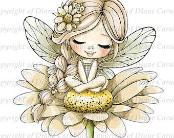 Daisy Fairy, digital stamp, black and white, printable, colouring in cardmaking, download