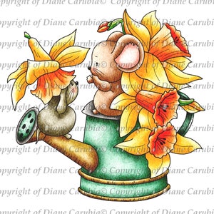 Ratones narcisos, sello digital, descarga, fabricación de tarjetas, blanco y negro, Pascua, primavera
