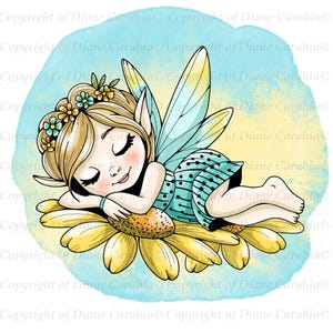 Dreamland Pixie, coloured, digital stamp, cute pixie, sublimation, cardmaking image, precoloured with background