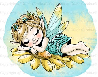 Dreamland Pixie, coloured, digital stamp, cute pixie, sublimation, cardmaking image, precoloured with background
