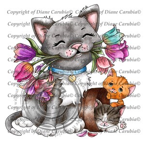 Kittys Cute Bouquet, Black and White, digital stamp, cat, download, printable