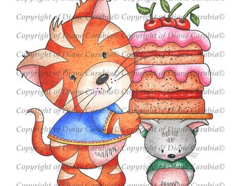 Kitty Cake, gekleurd, digitale stempel, printbaar, digi, kaarten maken, downloaden