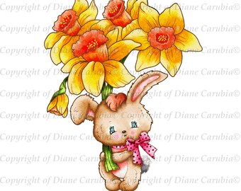 Daffodil Delivery, Rabbit Digital Stamp, Black and White (Digital Download)