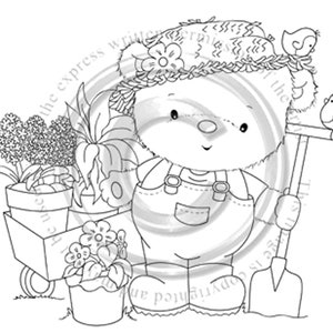 Green Thumb Ted, blanco y negro, Sello digital, Descargar, oso, jardinería, fabricación de tarjetas