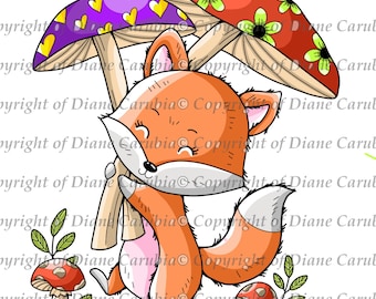 Foxes mushroom fun, coloured, digital stamp, download, printable, sublimation, cardmaking