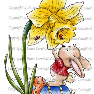 Bunny Daffodil black and white, digital stamp, digi, printable, cardmaking, easter, Bunny image 1