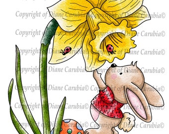 Bunny Daffodil black and white, digital stamp, digi, printable, cardmaking, easter, Bunny