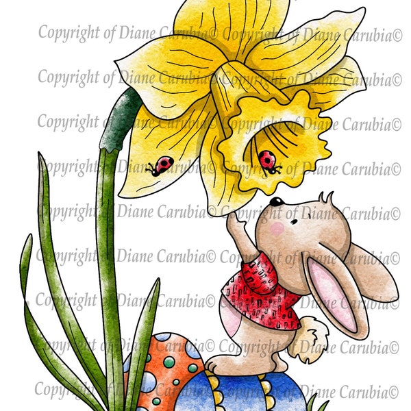 Bunny Daffodil black and white, digital stamp, digi, printable, cardmaking, easter, Bunny