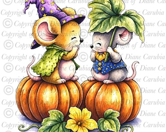 Pumpkin Mice, black and white digital stamp, colouring page, jpeg, printable colouring