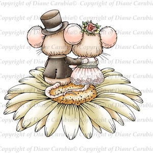 Just Married Mice, Black and white, Digital Stamp, Downloadable, printable image, wedding image