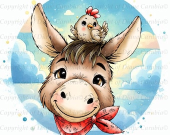 Donkey and Chick, Black and white, digital stamp, printable, cardmaking, colouring, craft