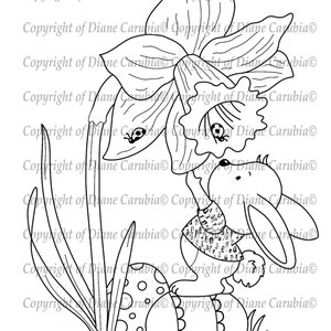 Bunny Daffodil black and white, digital stamp, digi, printable, cardmaking, easter, Bunny image 2