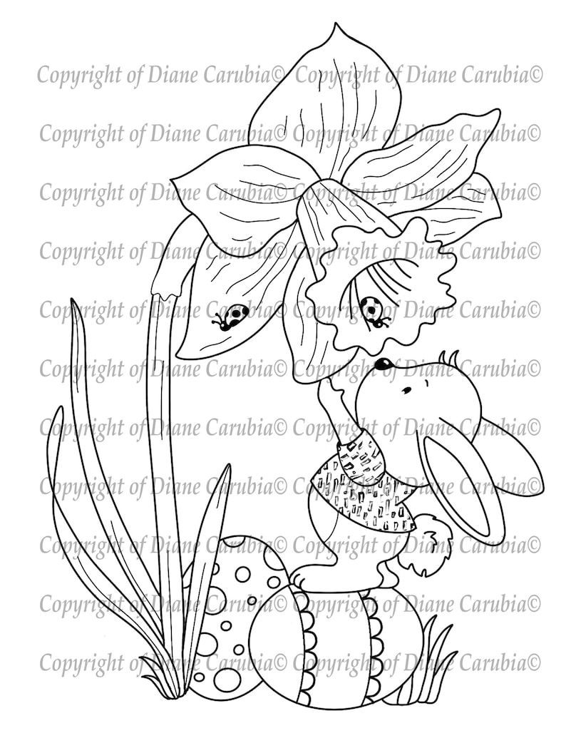 Bunny Daffodil black and white, digital stamp, digi, printable, cardmaking, easter, Bunny image 2