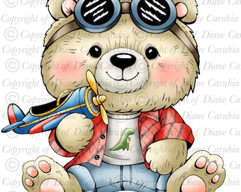 Aviator Bear, Black and white digital stamp, colouring page, JPEG download and print