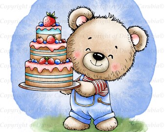 May include: A cartoon teddy bear illustration holding a three-tiered cake. The cake has pink icing, strawberries, and blueberries. The bear wears blue dungarees and a red and white striped top. The background is blue.