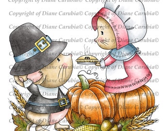 Give Thanks Mice, Black and white, digital stamp, digi, printable, download, pilgrims