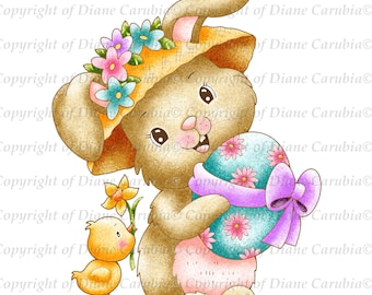 Easter Bonnet Bunnykins, black and white, digital stamp, digi, printable, download, cute
