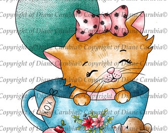 Kitty Teacup Digital Stamp: Black and White Cat Coloring Page (JPEG)