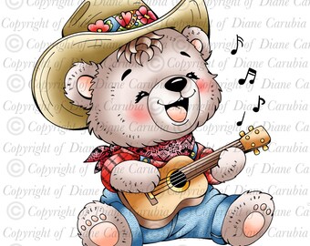 Country Bear Crooner, black and white digital stamp, colouring page, download and print JPEG
