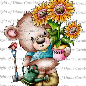 Buddy in the Garden, black and white, download, digital stamp, cardmaking, bear,