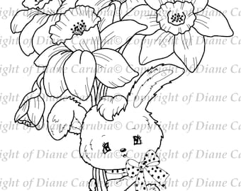 Daffodil Delivery, digital stamp, download, rabbit, black and white,