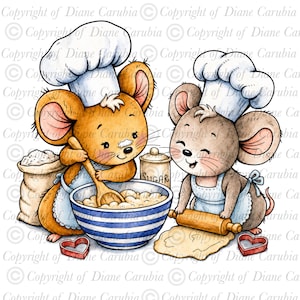 May include: A digital illustration of two cartoon mice wearing white chef hats and blue aprons. One mouse stirs a blue and white striped bowl with a wooden spoon, while the other uses a wooden rolling pin on dough. Includes a sugar jar and heart cutters.