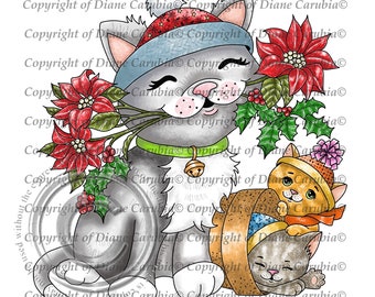 Festive kittys, coloured, digital stamp, digi, printable image, clipart cat image, download christmas cat