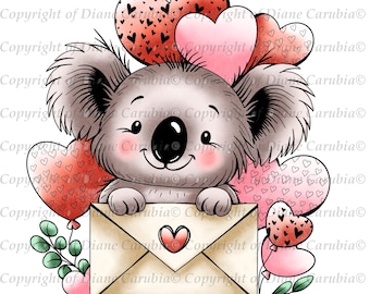 Valentine Koala, black and white digital stamp, colouring page, cardmaking image, crafting